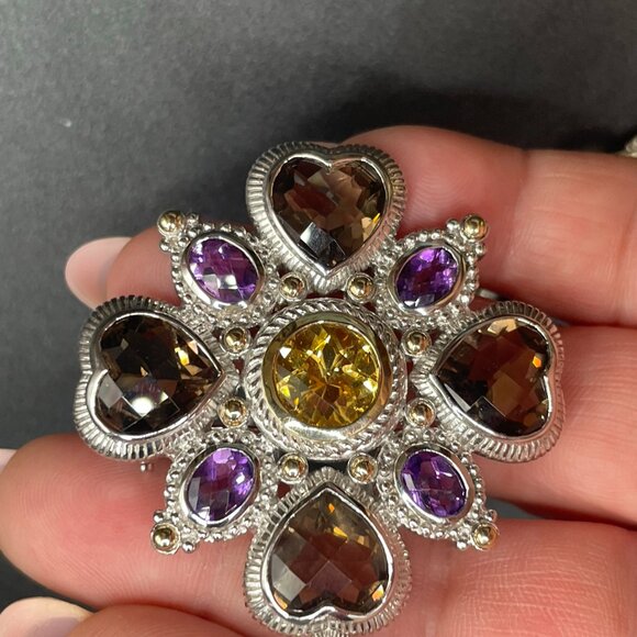 Vintage Judith Ripka Multi Gemstone .925 Sterling & 14k Gold Pendant & Chain - Picture 2 of 5